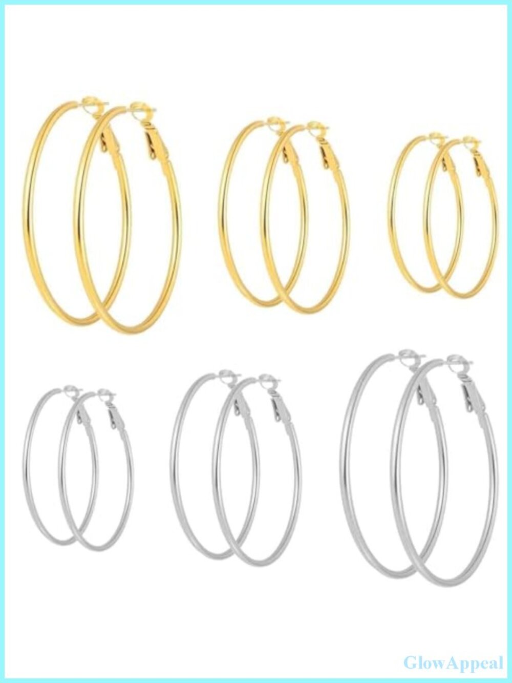 6 Pair Gold Silver Hoop Earrings Set 316L Steel Hypoallergenic Women's